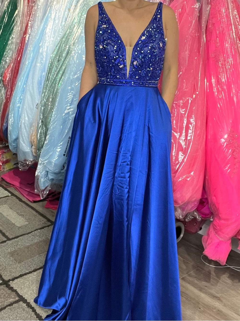 Sherri Hill Royal Blue Beaded V-Neck Prom Gown